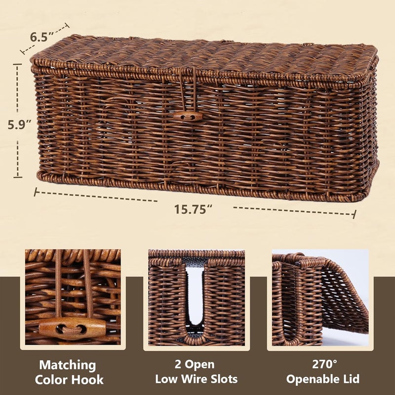BROWNLILY Cable Management Box, Rattan Style Cord Organizer for Desk Cord Hider Outlet Covers Baby Proofing for Power Strip TV PC Router Charger Under Desk Storage with Lockable Lid and Cable Ties - Image 2